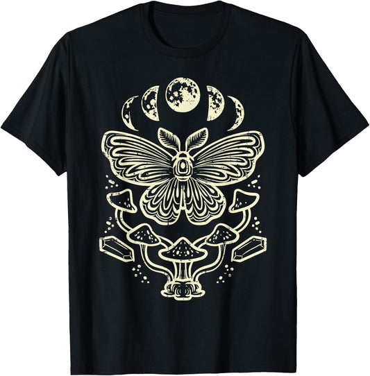Moth Moon Phases Mushroom Goblincore Grunge Women Men Kids T-Shirt - T-Shirt | Black