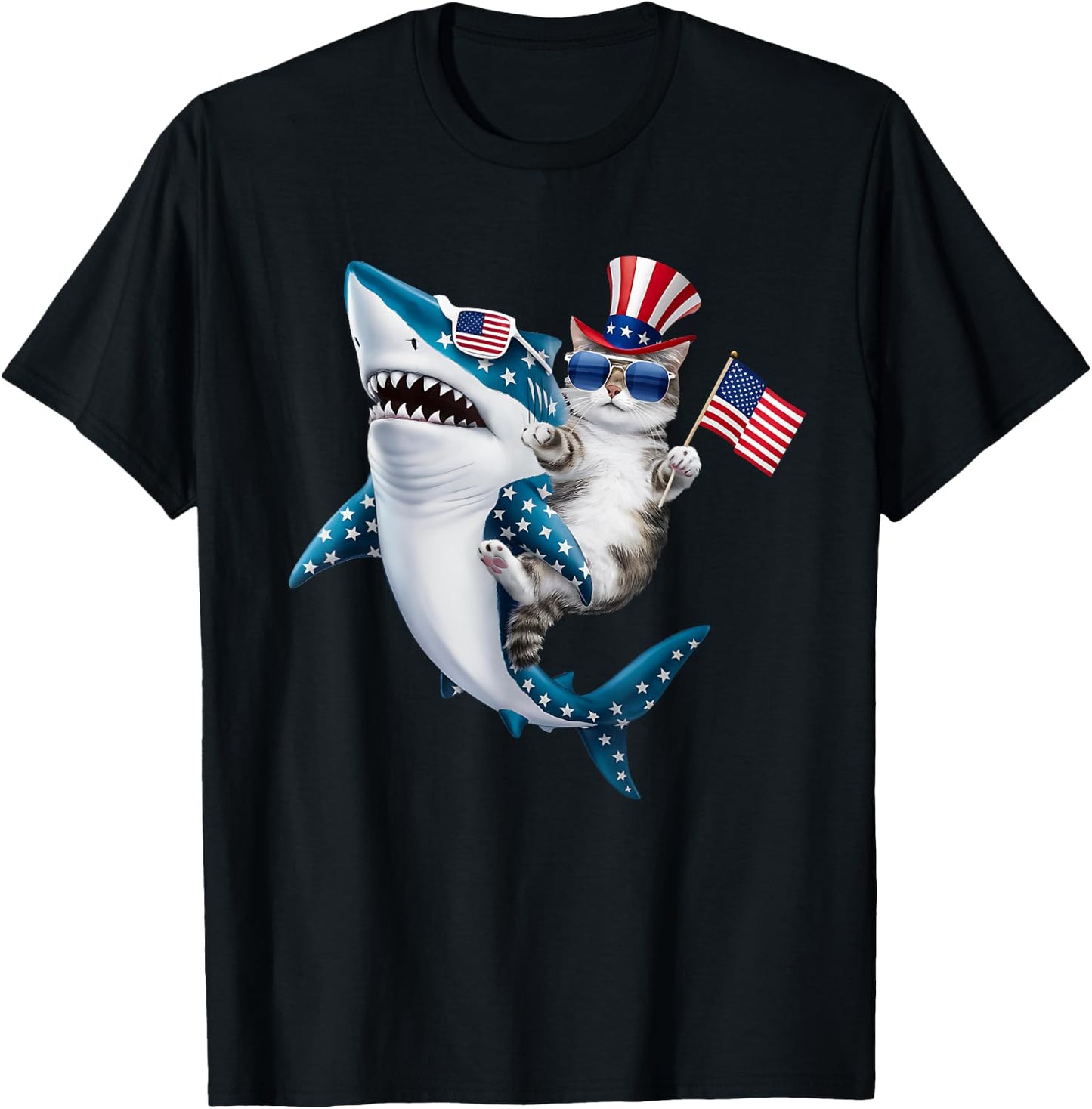 Awesome Patriotic Cat Riding Shark usa flag sunglasses Women Kids Men T-Shirt - T-Shirt | Black