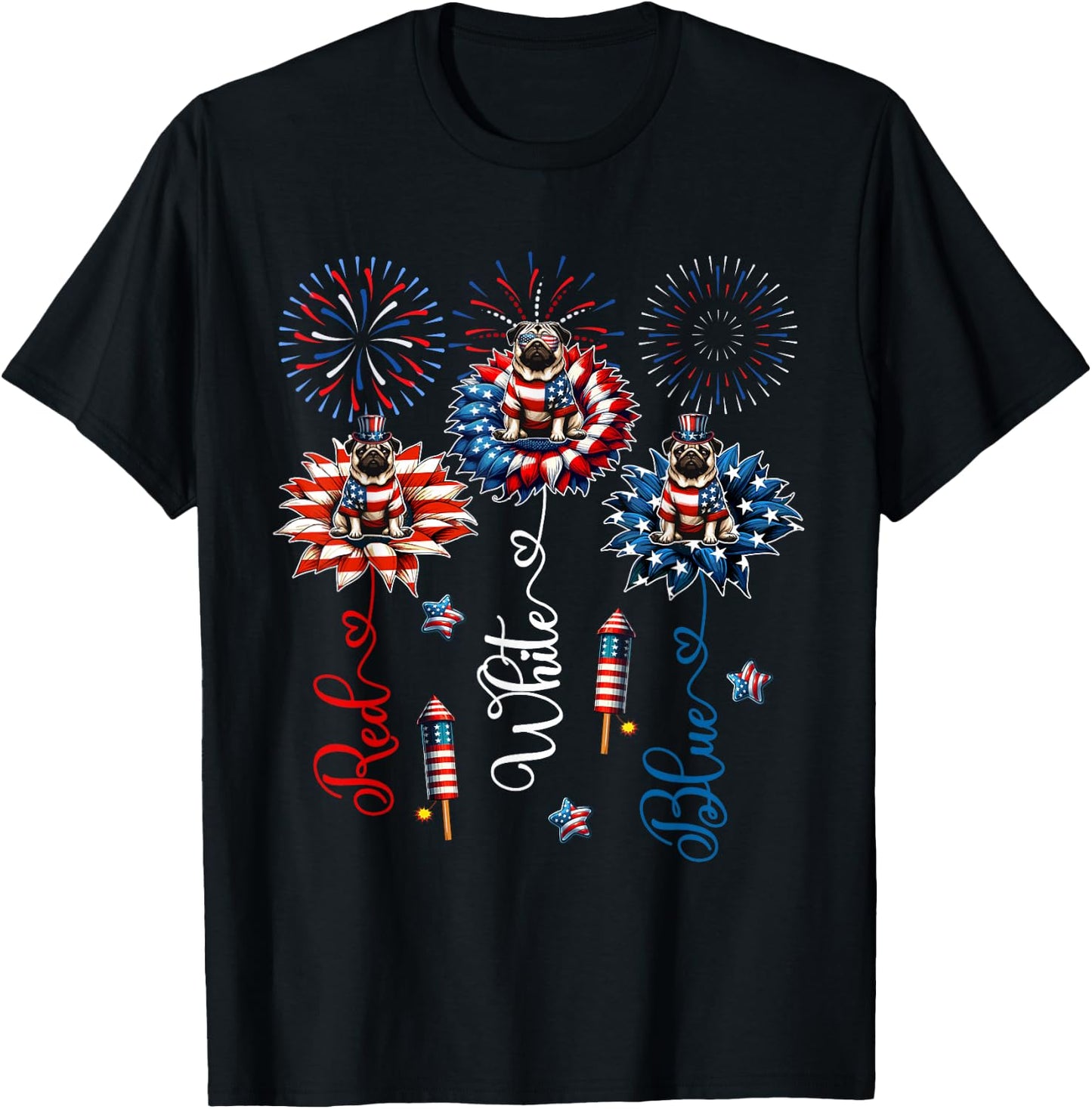 Red Blue White Three Cute Pugs On Floral 4th July Patriotic T-Shirt - T-Shirt | Black