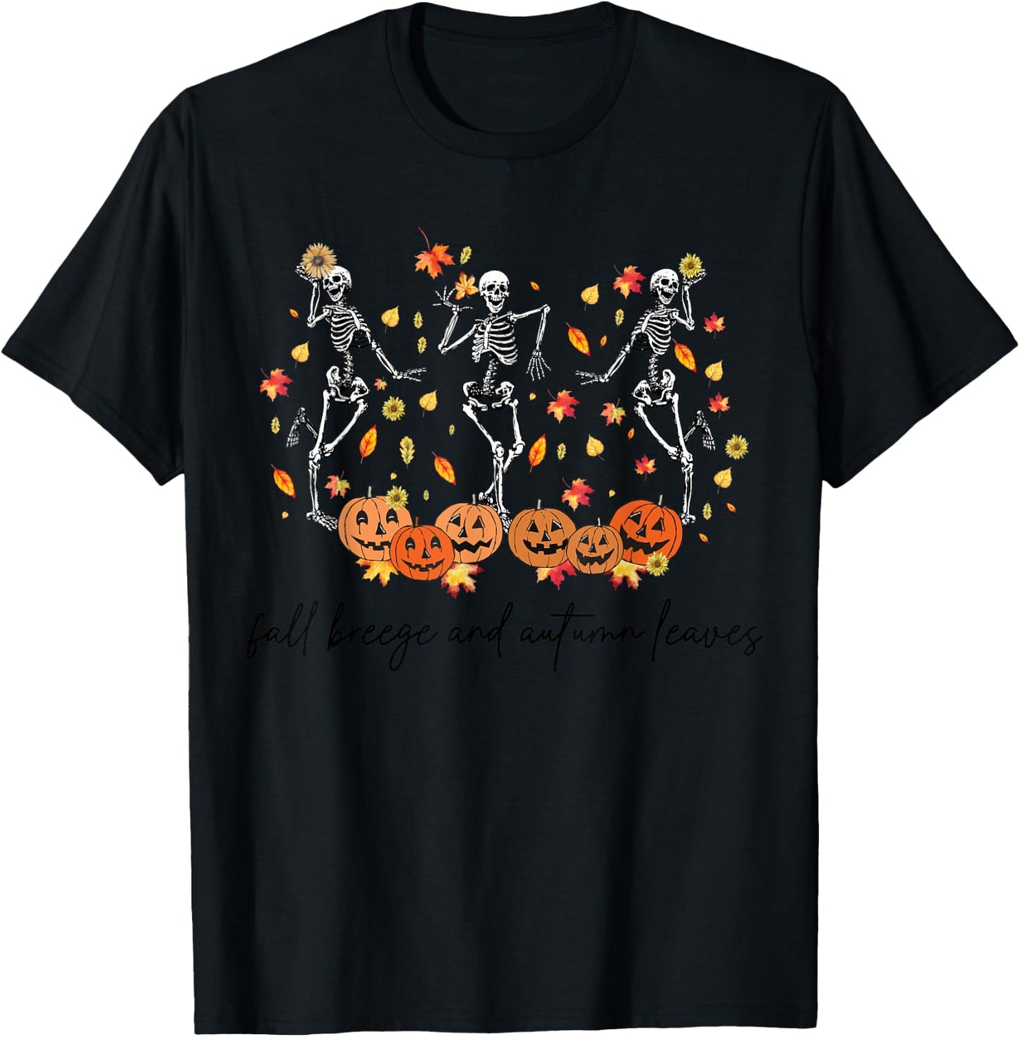 Fall Breeze and Autumn Leaves Dancing Skeleton Halloween T-Shirt - T-Shirt | Black
