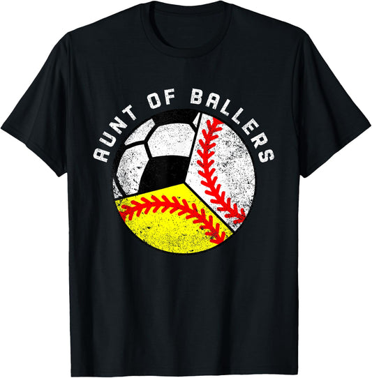 Aunt Of Ballers Funny Baseball Softball Soccer Player Aunt T-Shirt - T-Shirt | Black