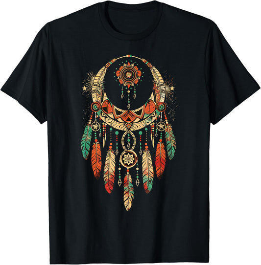Boho Dreamcatcher - Tribal Feather Design T-Shirt - T-Shirt | Black