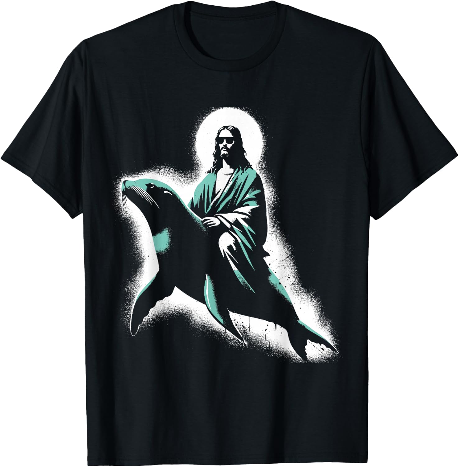Jesus Riding A Sea Lion - Funny Christian Religious Seal T-Shirt - T-Shirt | Black