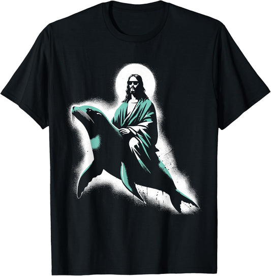 Jesus Riding A Sea Lion - Funny Christian Religious Seal T-Shirt - T-Shirt | Black