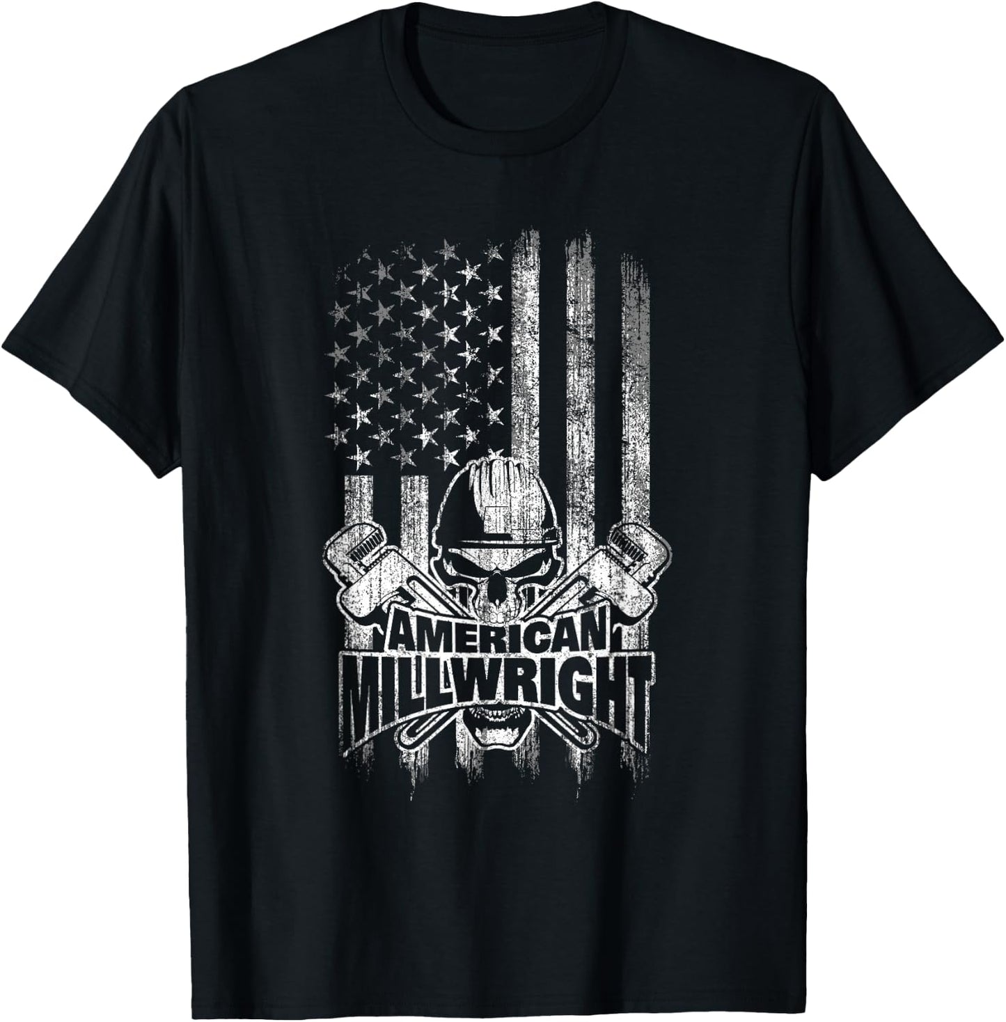 Millwright Skull and Wrenches American Flag T-Shirt - T-Shirt | Black