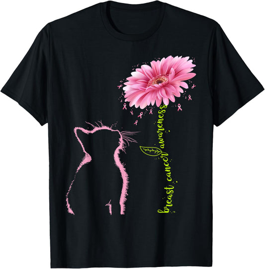 Breast Cancer Awareness Pink Ribbon Daisy Flower Cat Lovers T-Shirt - T-Shirt | Black