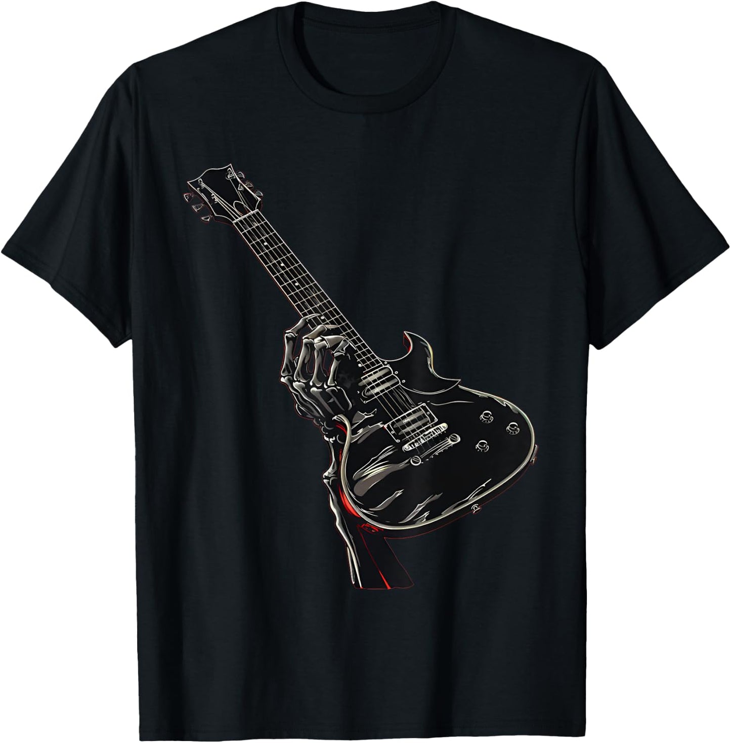 Skeleton Hand Shows Rock Music Guitar T-Shirt - T-Shirt | Black