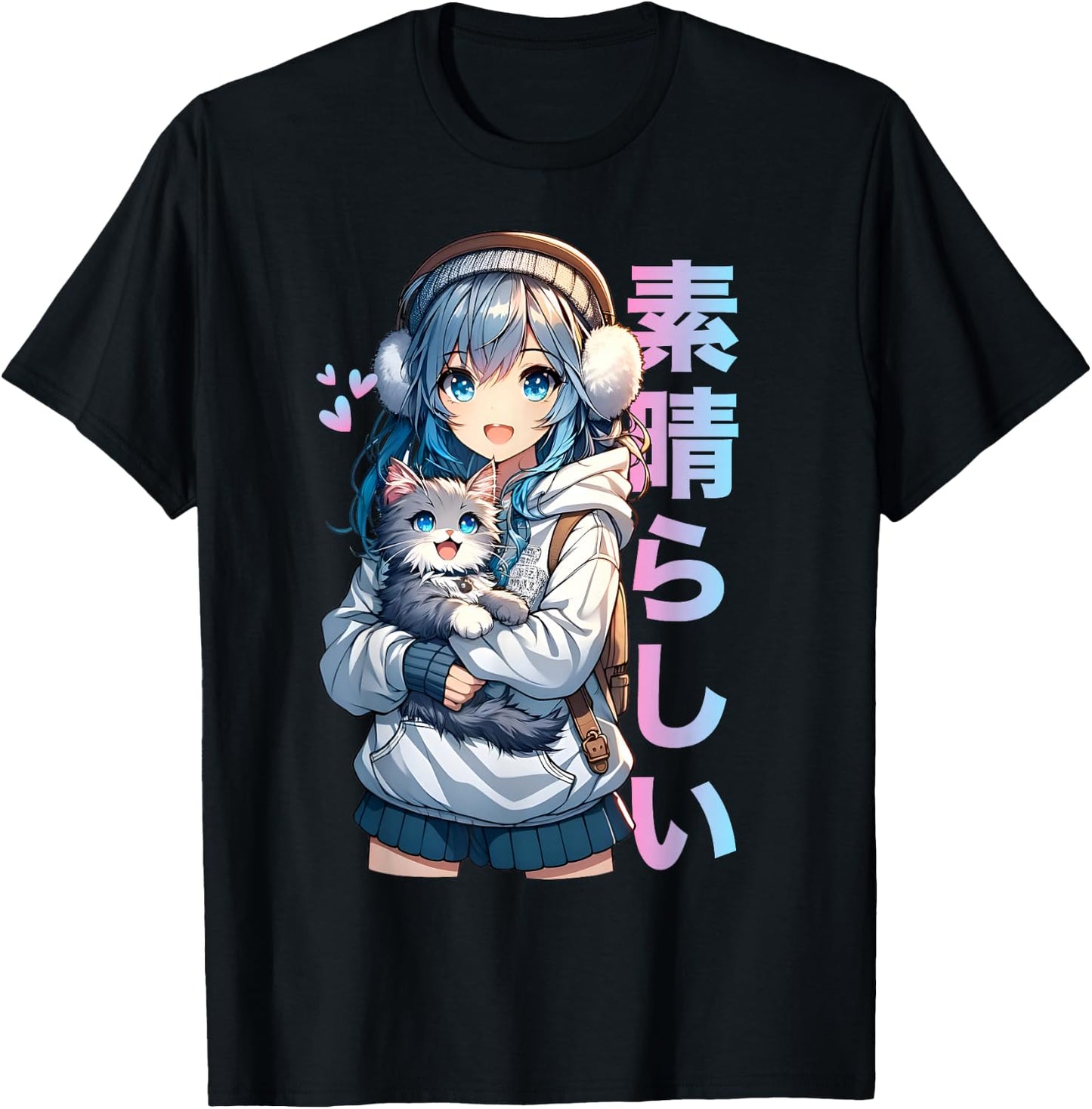 Cute Anime Girl with a Cat for Cat Lover Kawaii Otaku Manga T-Shirt - T-Shirt | Black