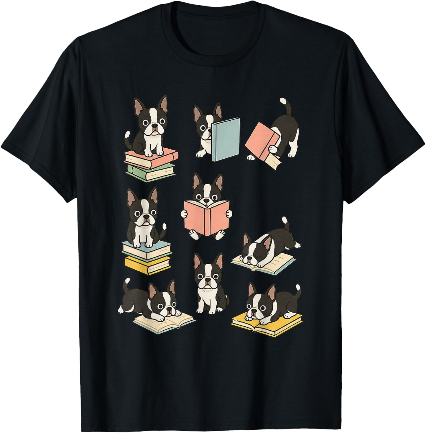 Cute Dog Boston Terrier Reading Book T-Shirt - T-Shirt | Black