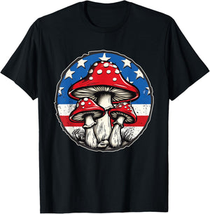 Funny Mushroom celebrates 4th of July Design American Flag T-Shirt - T-Shirt | Black