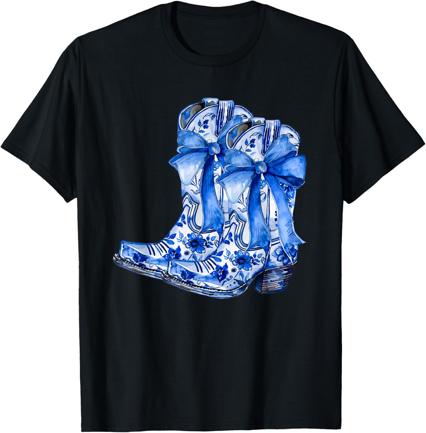 Boots Bow Coquette Coastal Cowgirl Blue Chinoiserie Floral T-Shirt - T-Shirt | Black