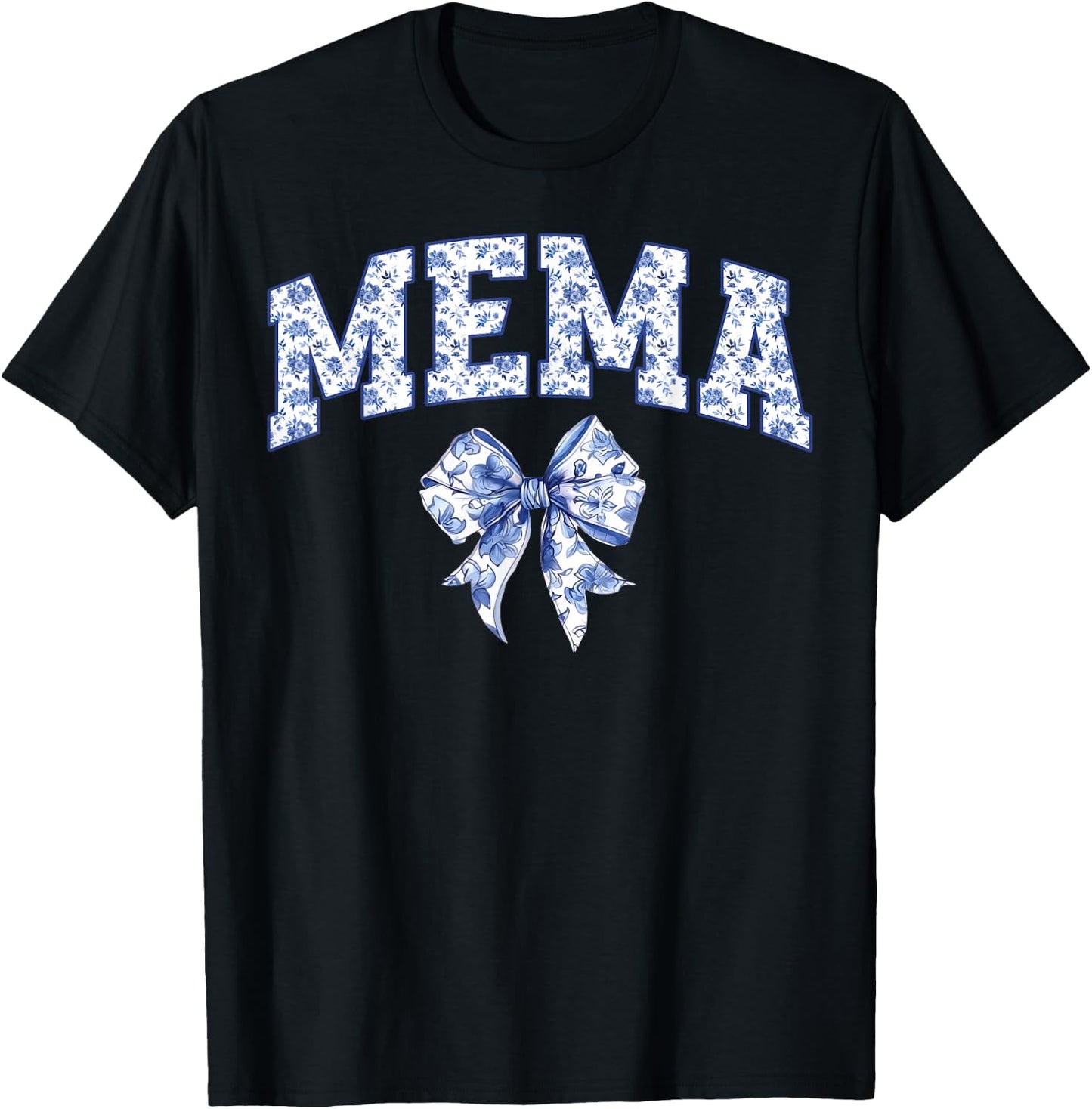 Mema Coquette Toile Blue Bow Floral Family Matching T-Shirt - T-Shirt | Black