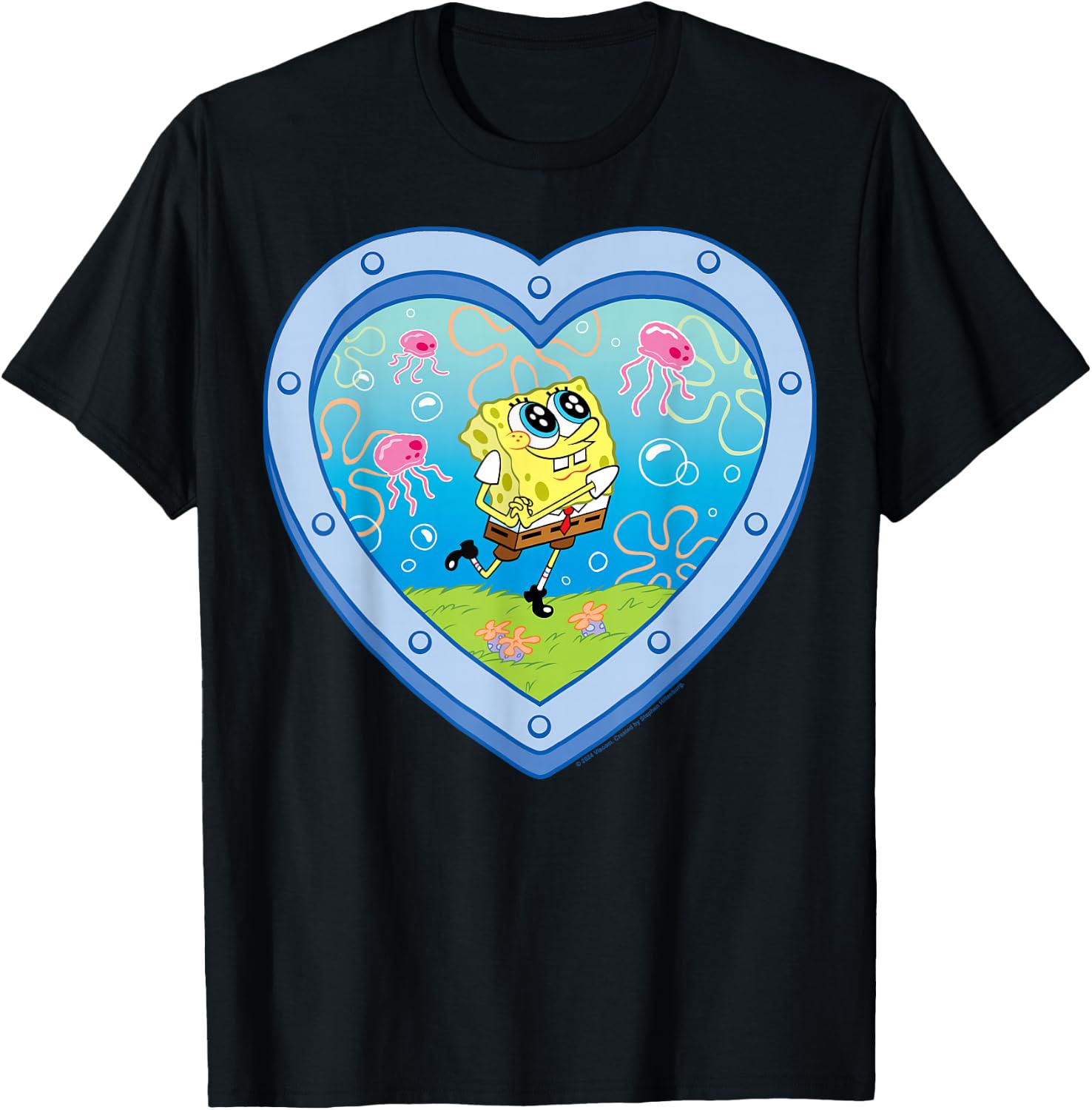 SpongeBob SquarePants - Smiling with Jellyfish Heart Window T-Shirt - T-Shirt | Black