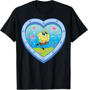 SpongeBob SquarePants - Smiling with Jellyfish Heart Window T-Shirt - T-Shirt | Black