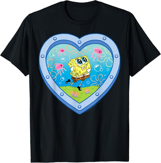SpongeBob SquarePants - Smiling with Jellyfish Heart Window T-Shirt - T-Shirt | Black