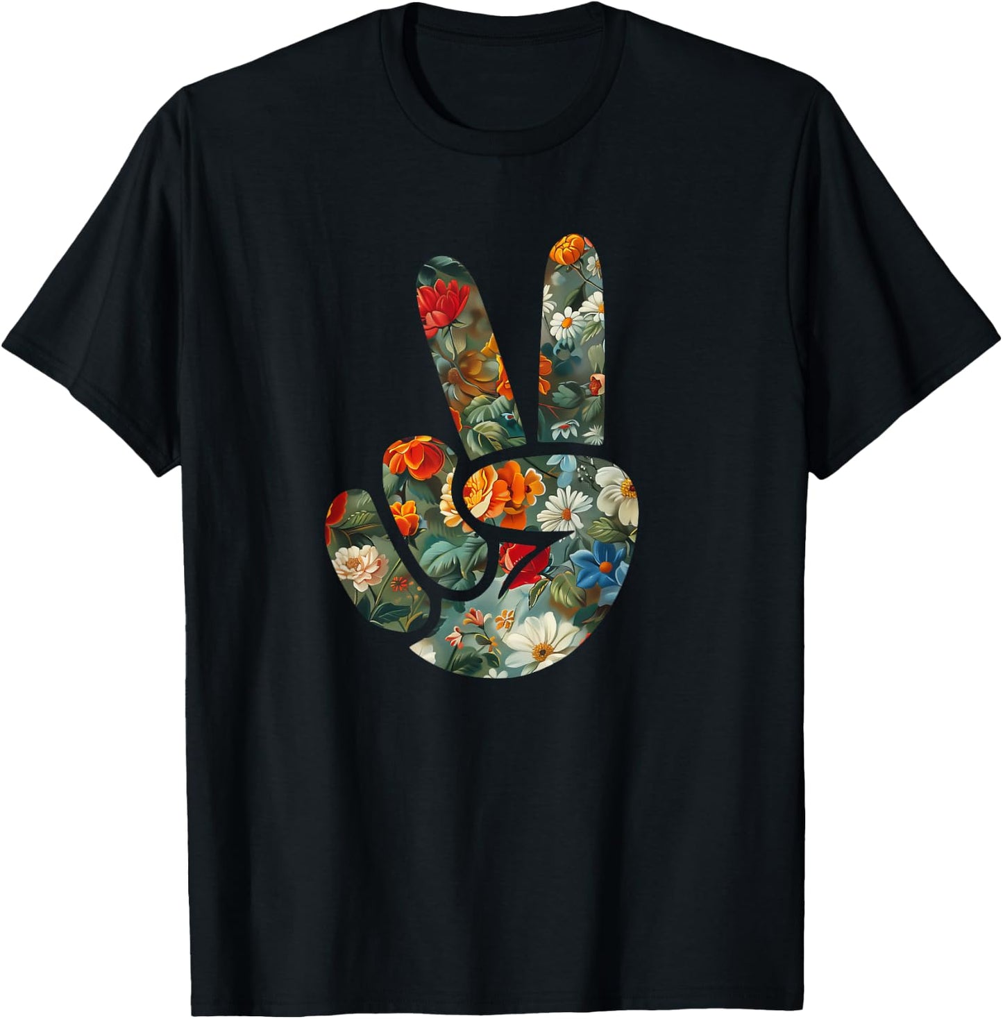 Elegant Silhouette Wildflowers Floral Peace Sign Hand T-Shirt - T-Shirt | Black