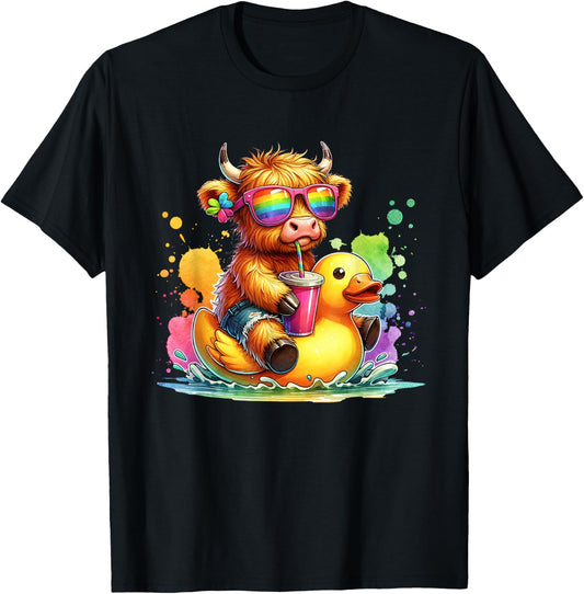Cute Highland Cow Duck Pool Float Summer Vibes Swimming T-Shirt - T-Shirt | Black