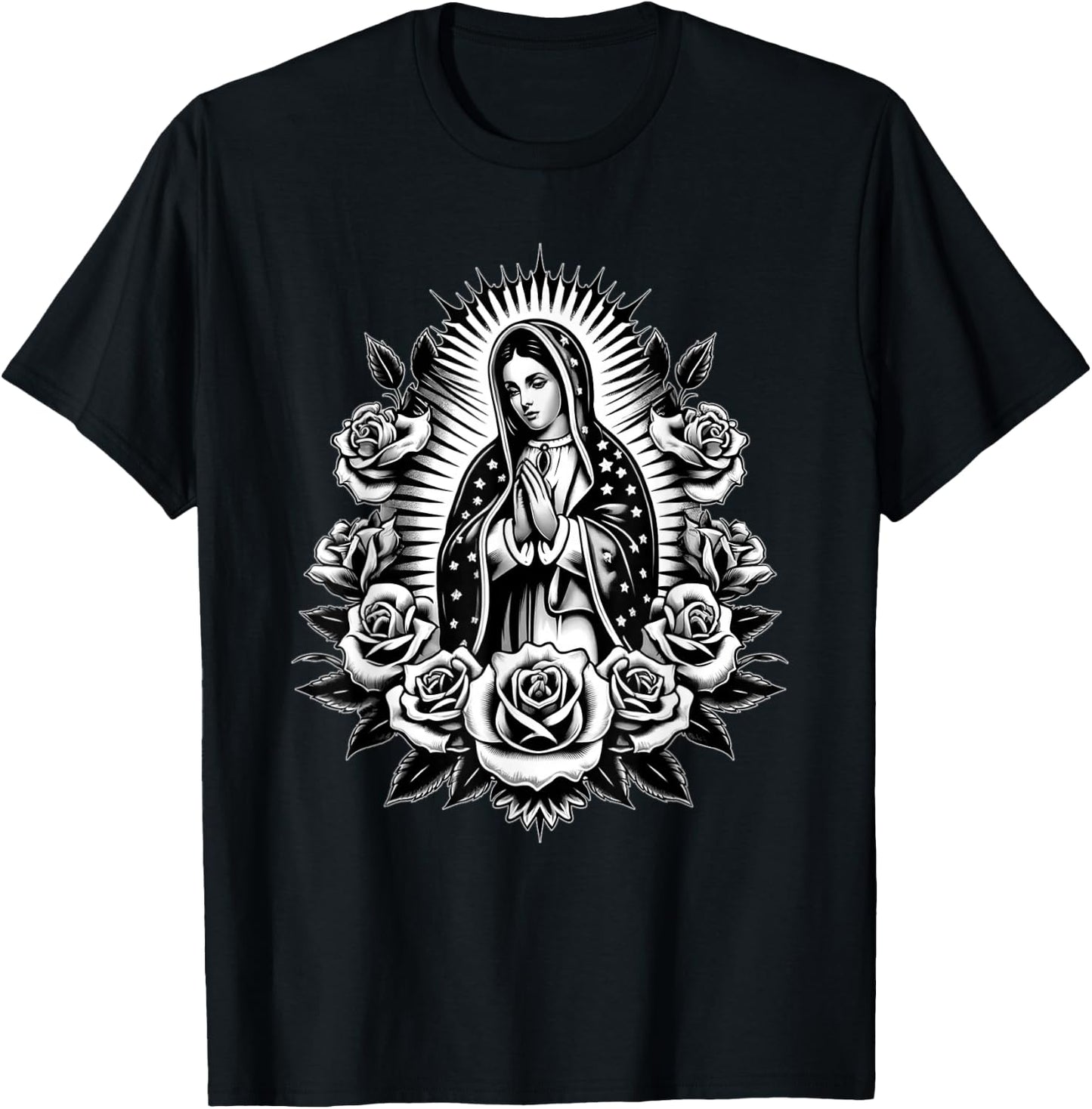 Cosas Mexicanas Apparel Co Virgen de Guadalupe Virgin Mary Virgencita Floral , Small, Black T-Shirt - T-Shirt | Black