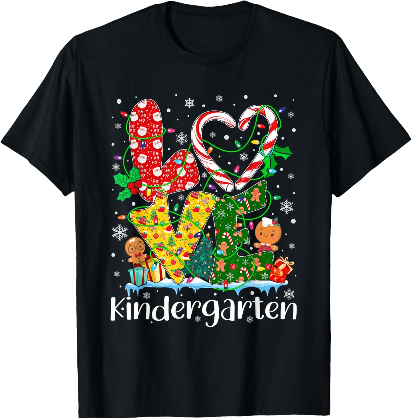 Love Kindergarten Teacher Xmas Gingerbread Christmas Pajamas T-Shirt - T-Shirt | Black
