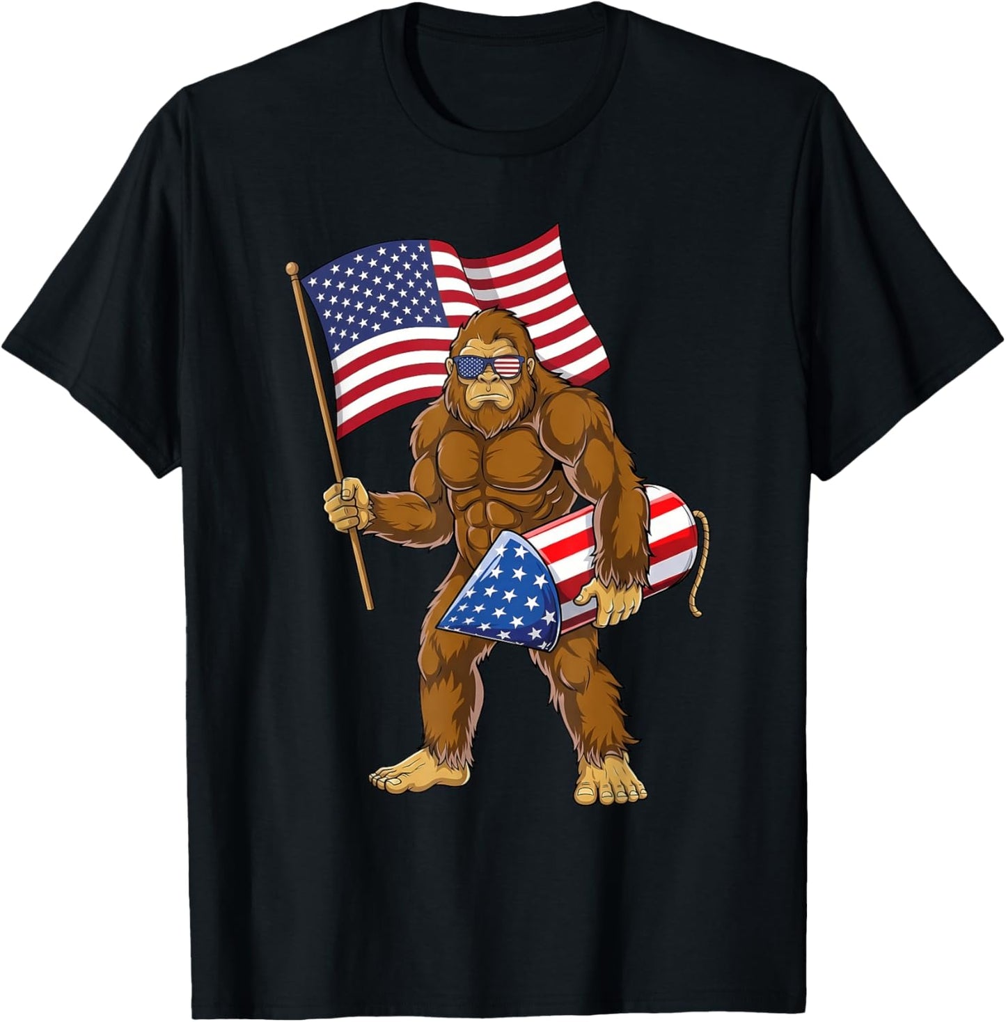 4th of July Bigfoot Sasquatch Fireworks America Patriotic T-Shirt - T-Shirt | Black