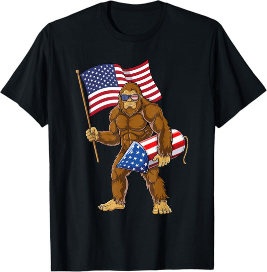 4th of July Bigfoot Sasquatch Fireworks America Patriotic T-Shirt - T-Shirt | Black