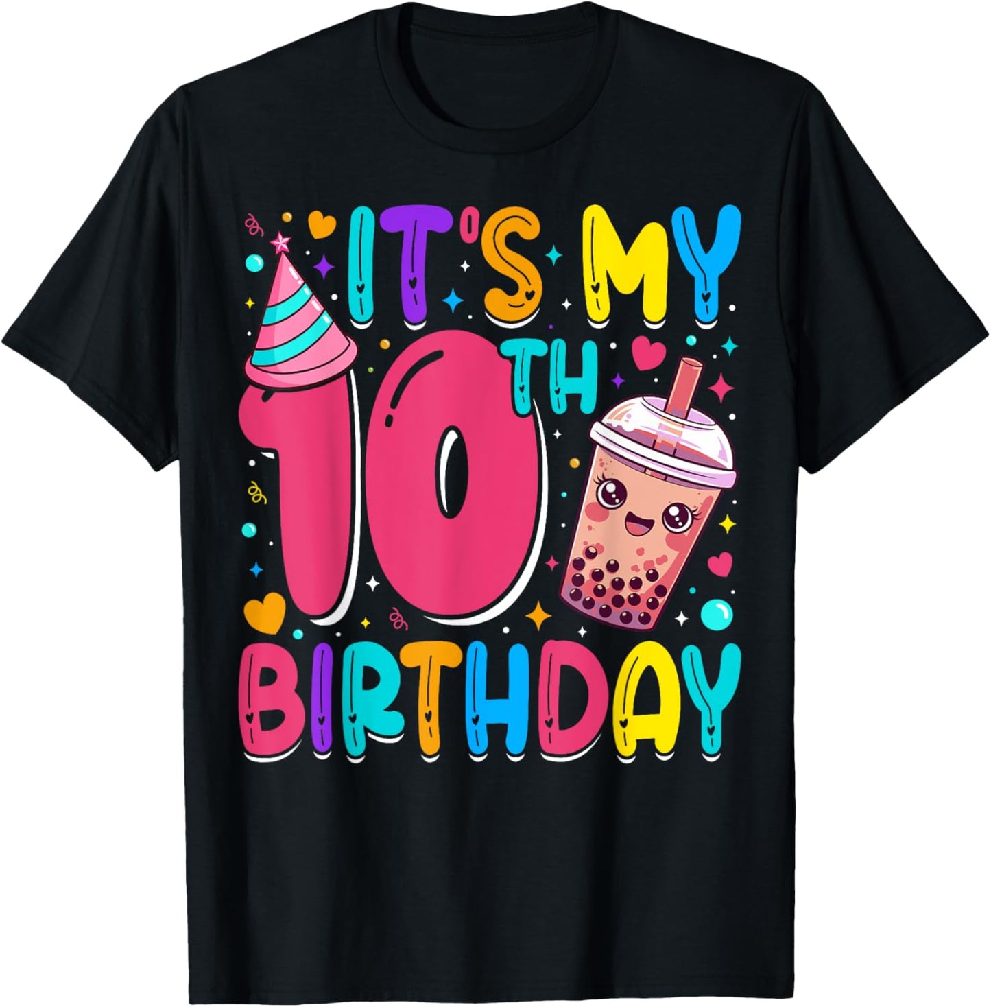 It's My 10th Birthday Bubble Boba Tea Party 10 Year Old Girl T-Shirt - T-Shirt | Black