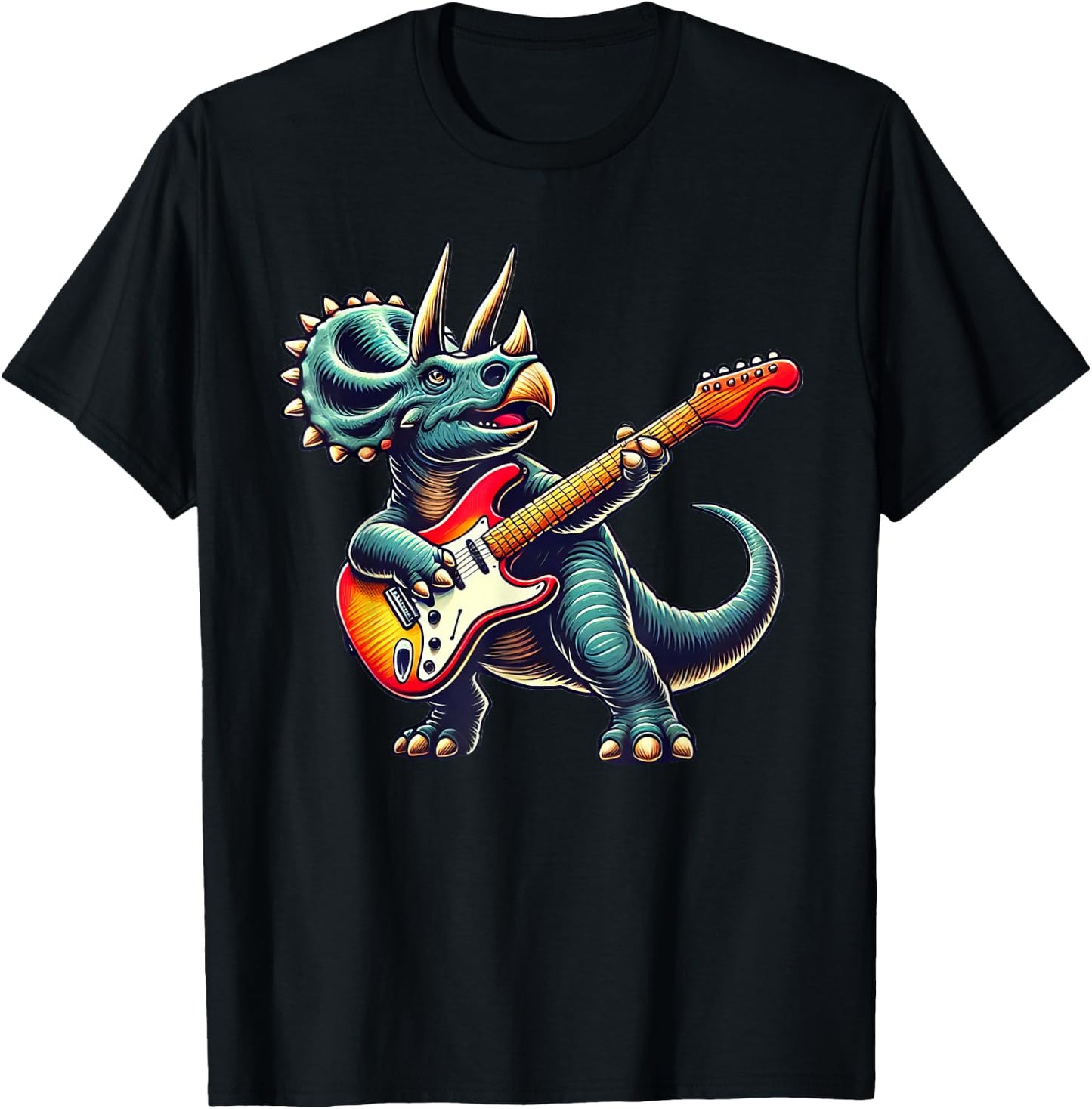 Triceratops Dinosaur Playing Guitar Musician Music T-Shirt - T-Shirt | Black