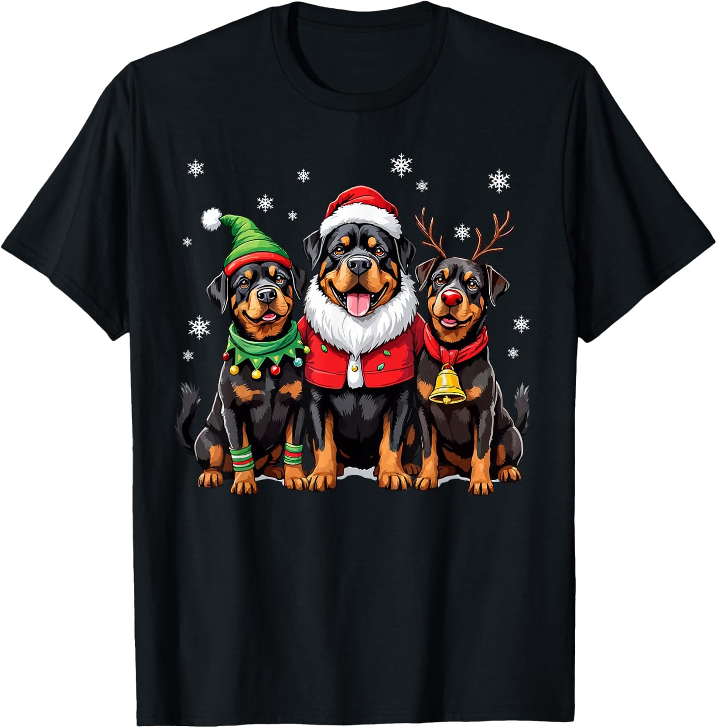 Rottweiler Christmas Dogs Funny Santa Reindeer Elf Holiday T-Shirt - T-Shirt | Black