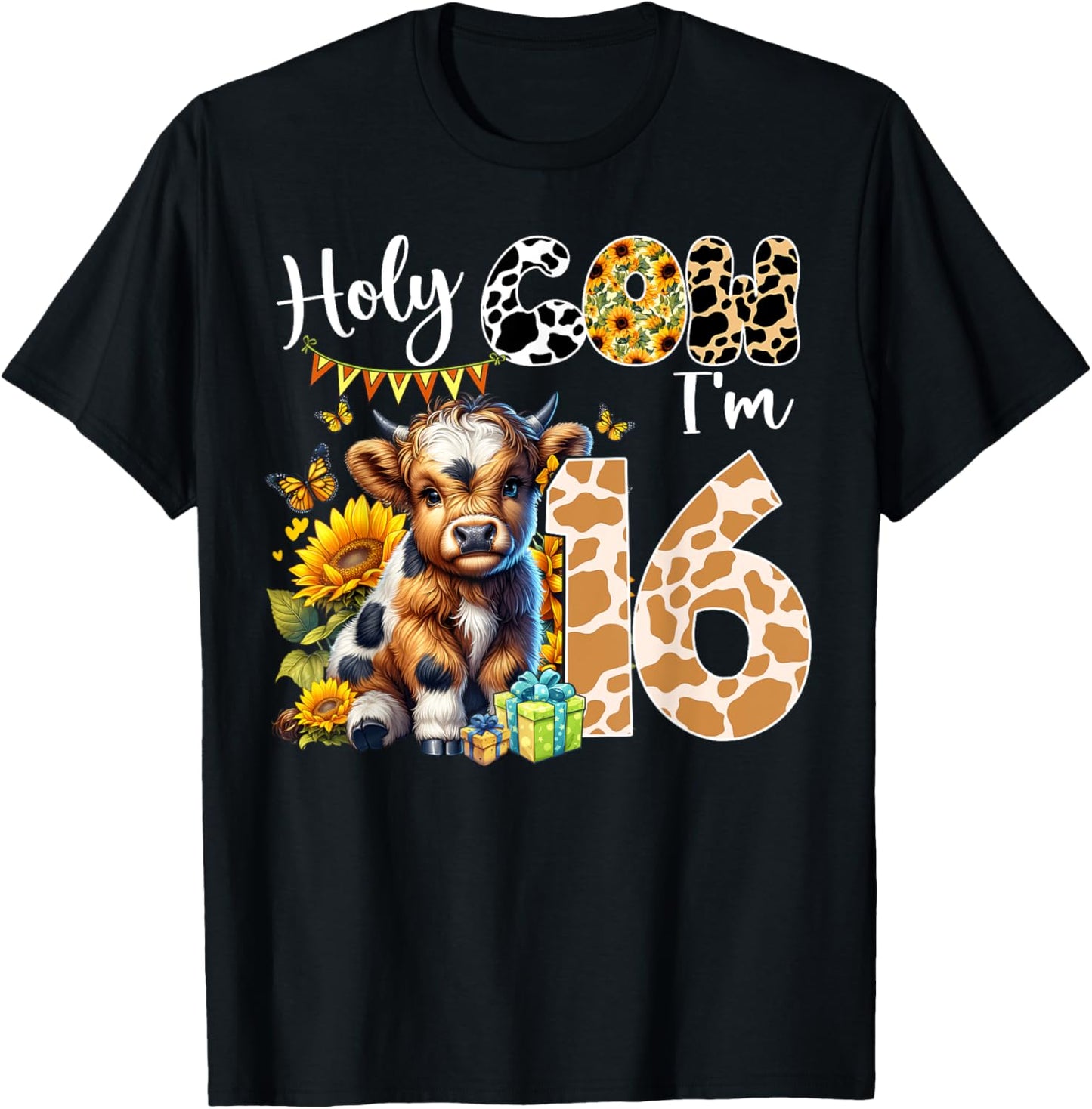 Holy Cow I’m 16 Years Old Dairy Cow Sunflowers 16th Birthday T-Shirt - T-Shirt | Black