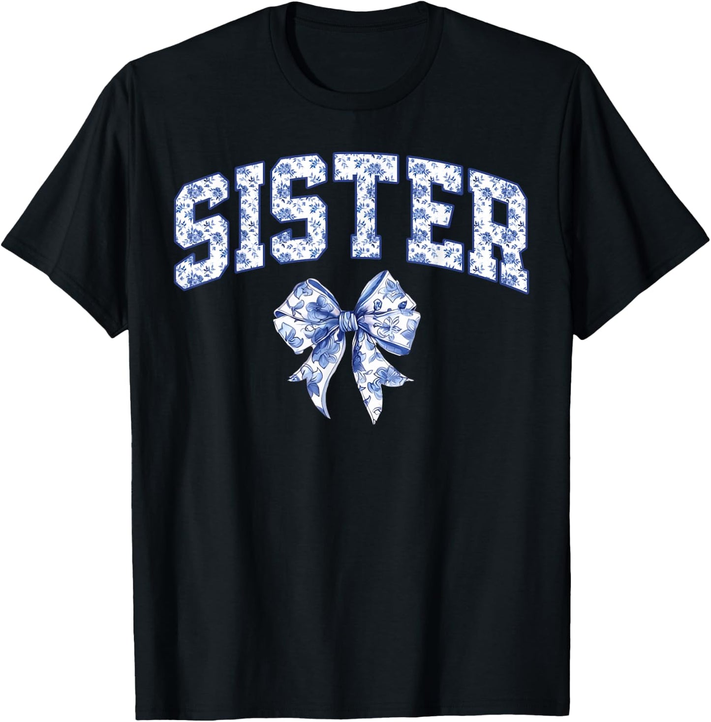 Sister Coquette Toile Blue Bow Floral Family Matching T-Shirt - T-Shirt | Black
