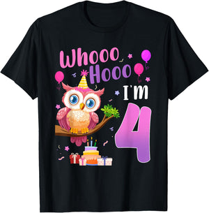 Whooo Hooo I’m 4 Year Old Cute Owl 4th Birthday Girl T-Shirt - T-Shirt | Black