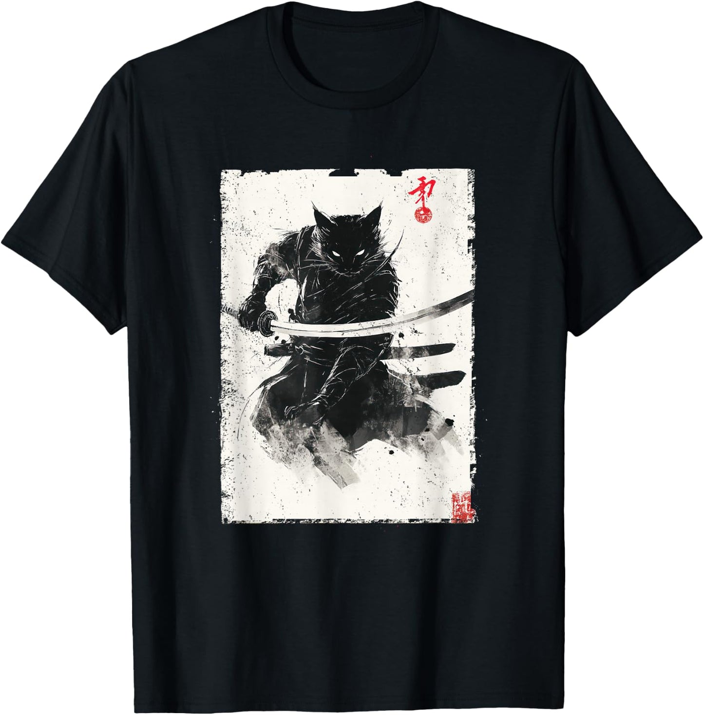 Vintage Samurai Cat Graphic Art Japanese Ukiyo-e T-Shirt - T-Shirt | Black