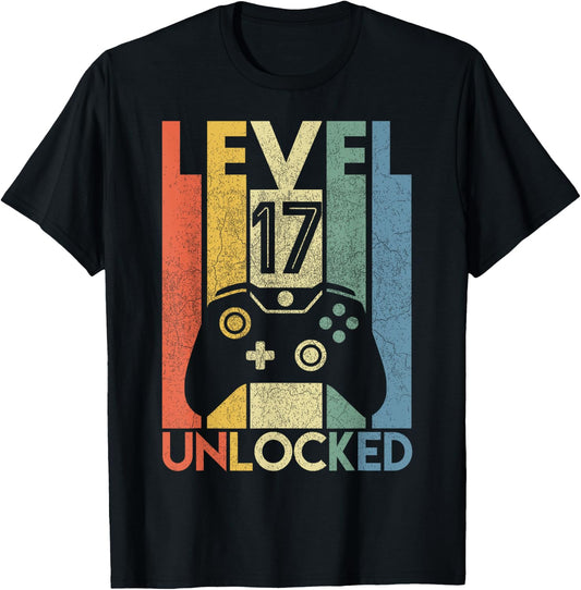 Level 17 Unlocked Shirt Funny Video Gamer 17th Birthday Gift T-Shirt - T-Shirt | Black
