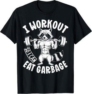 Raccoon Gym Weight Training I Work Out So I Can Eat Garbage T-Shirt - T-Shirt | Black