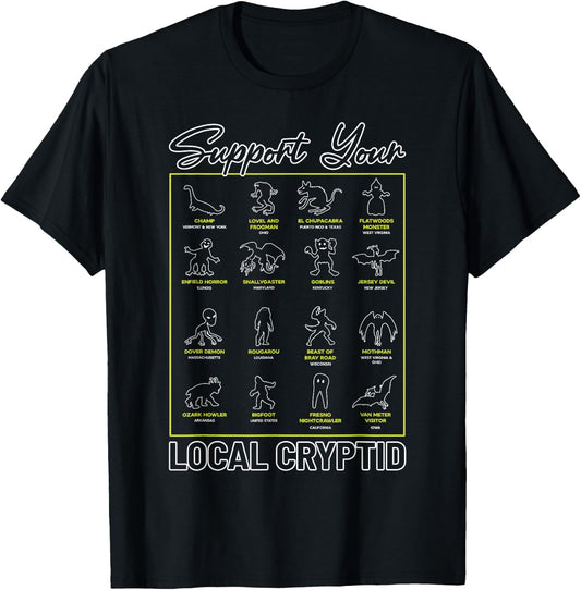 Support Your Local Cryptid Monsters American Cryptozoology T-Shirt - T-Shirt | Black