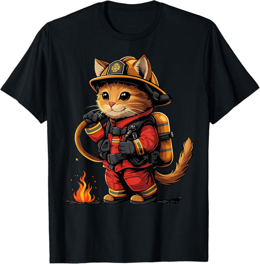 Funny Cat Firefighter Men Women T-Shirt - T-Shirt | Black
