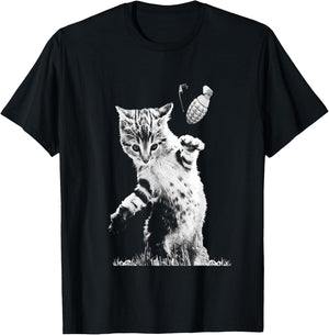 Cat Throwing Grenade Funny Kitty Cat Grenade Scene Cat Lover T-Shirt - T-Shirt | Black