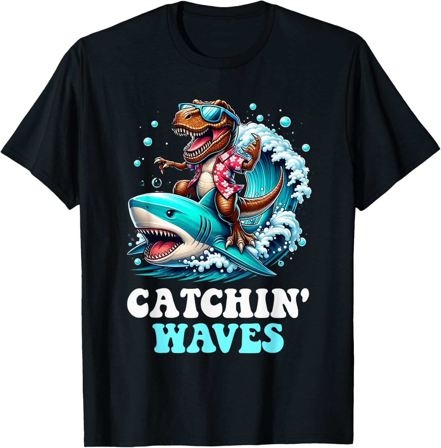 Catchin Waves T-Rex Dinosaur Riding Shark Surfing Wave Beach Women Kids T-Shirt - T-Shirt | Black