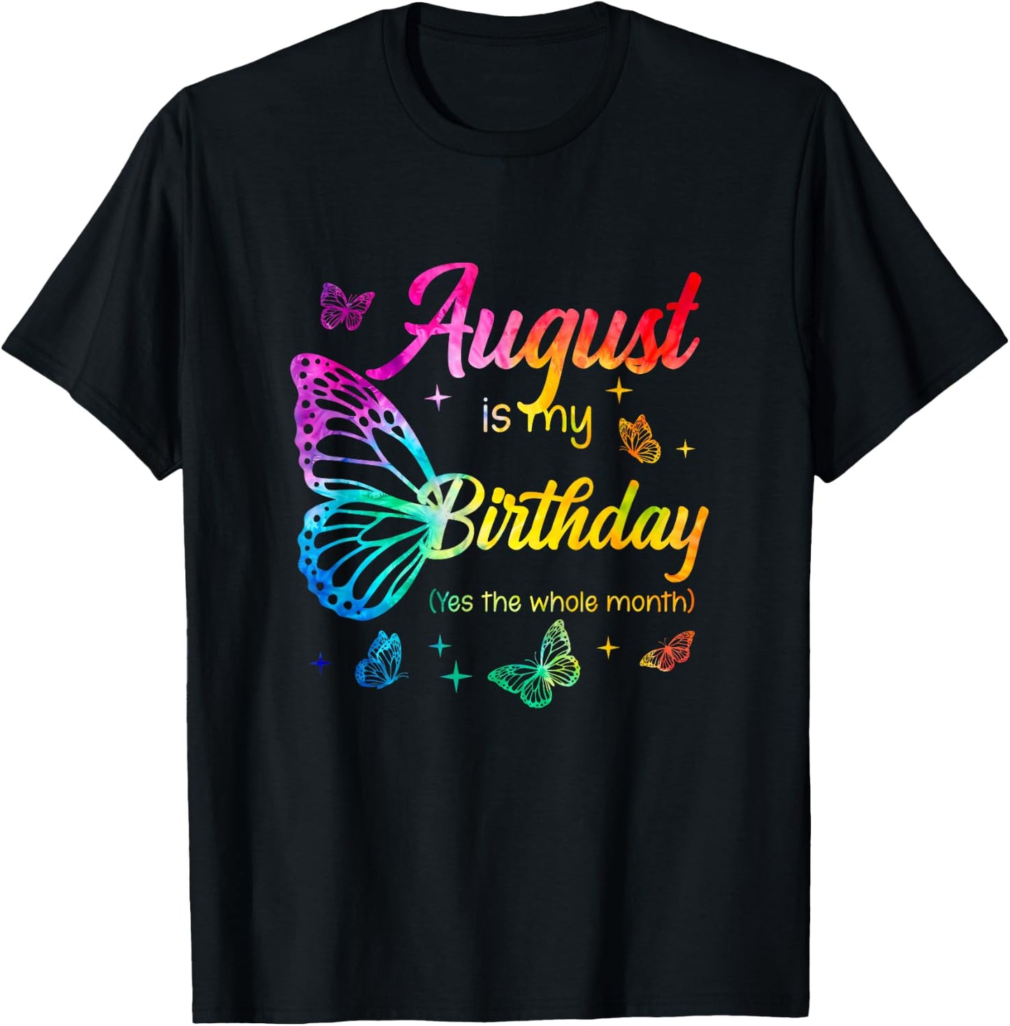 August Birthday Girls Butterfly Tie Dye Theme T-Shirt - T-Shirt | Black
