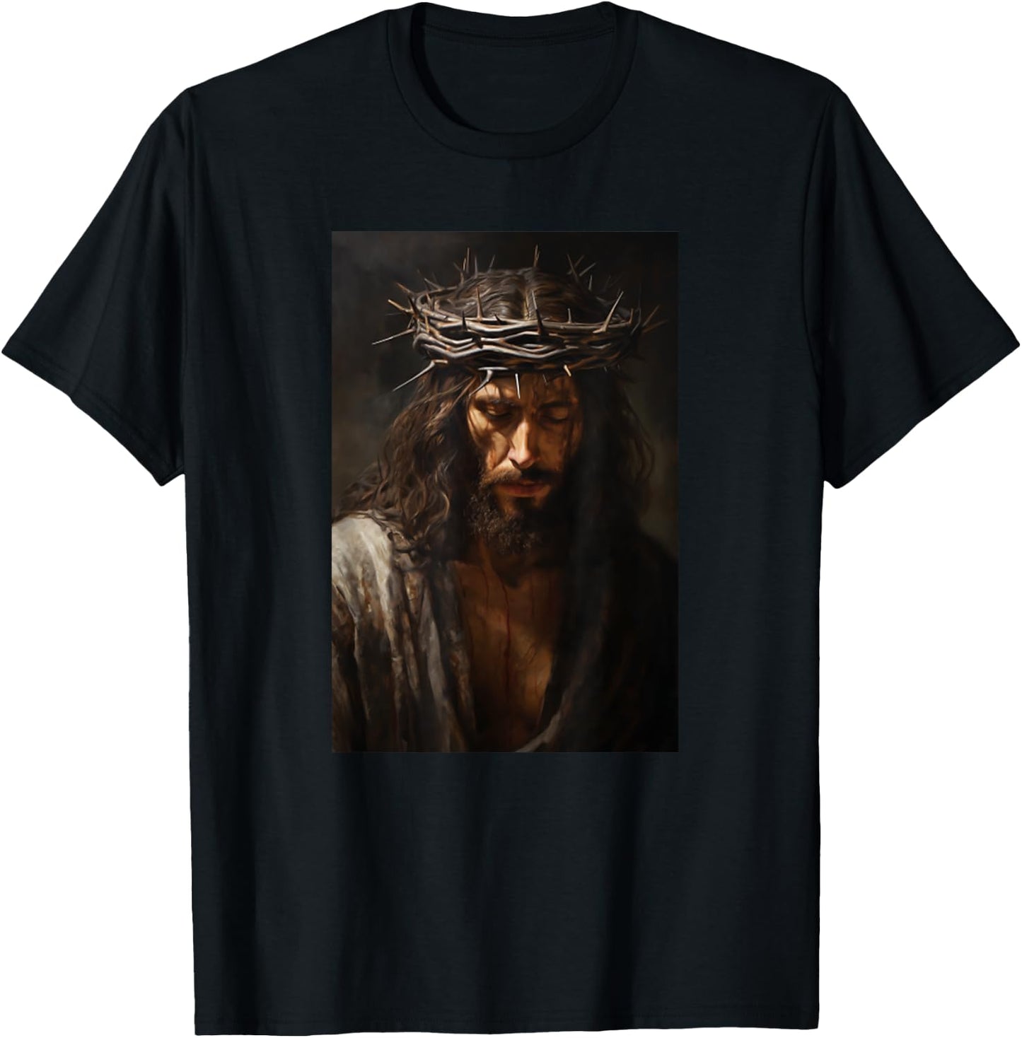 Vintage Jesus Christ Wearing Crown Of Thorns In Prayer T-Shirt - T-Shirt | Black