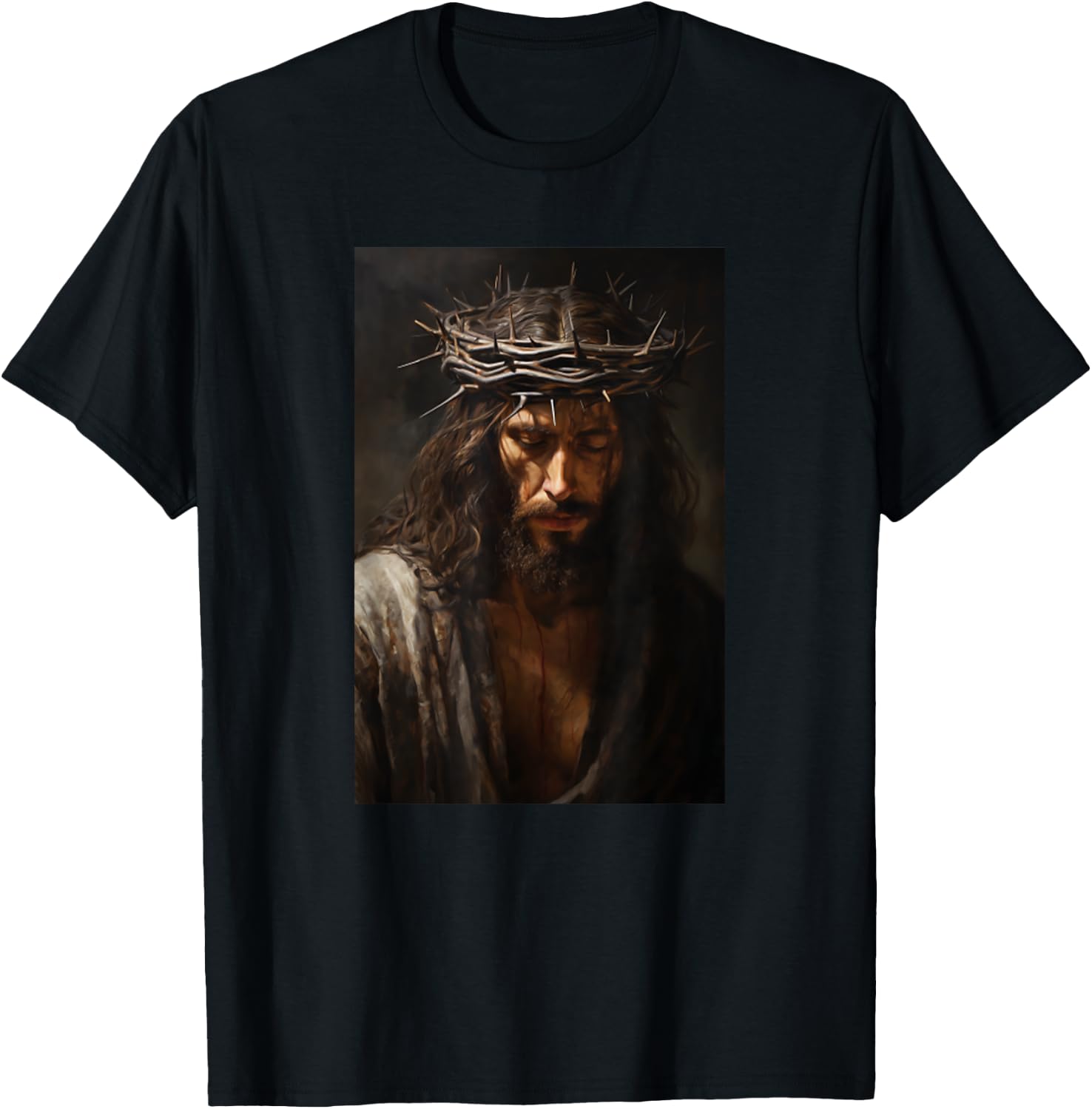 Vintage Jesus Christ Wearing Crown Of Thorns In Prayer T-Shirt - T-Shirt | Black