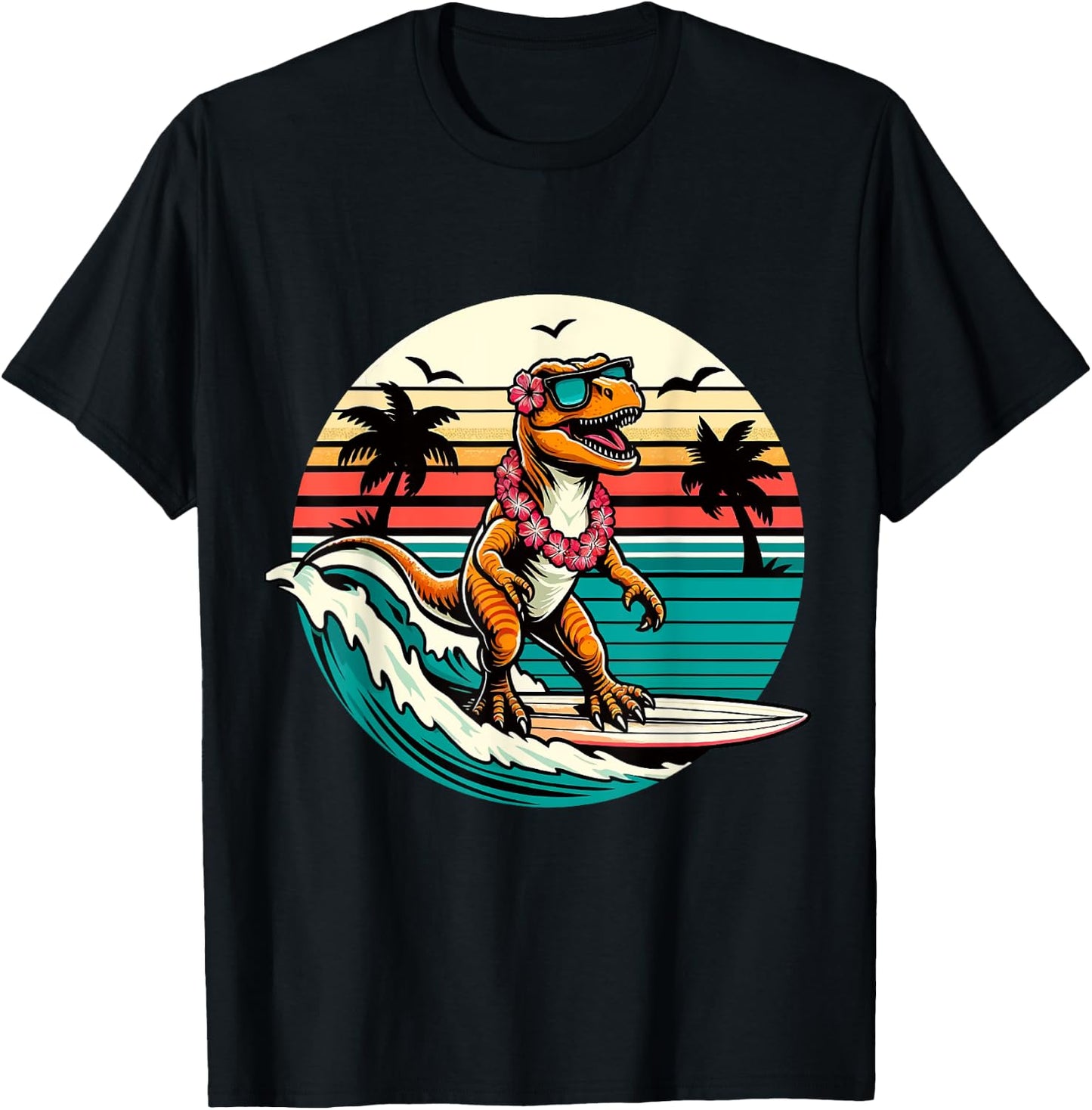 Funny Dinosaur Surfboard Beach Summer Surfing Trex Hawaiian T-Shirt - T-Shirt | Black