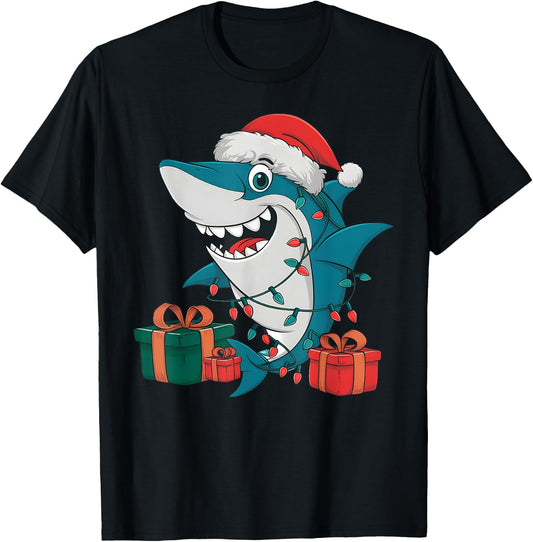 Xmas Lighting Santa Hat Shark Christmas T-Shirt - T-Shirt | Black