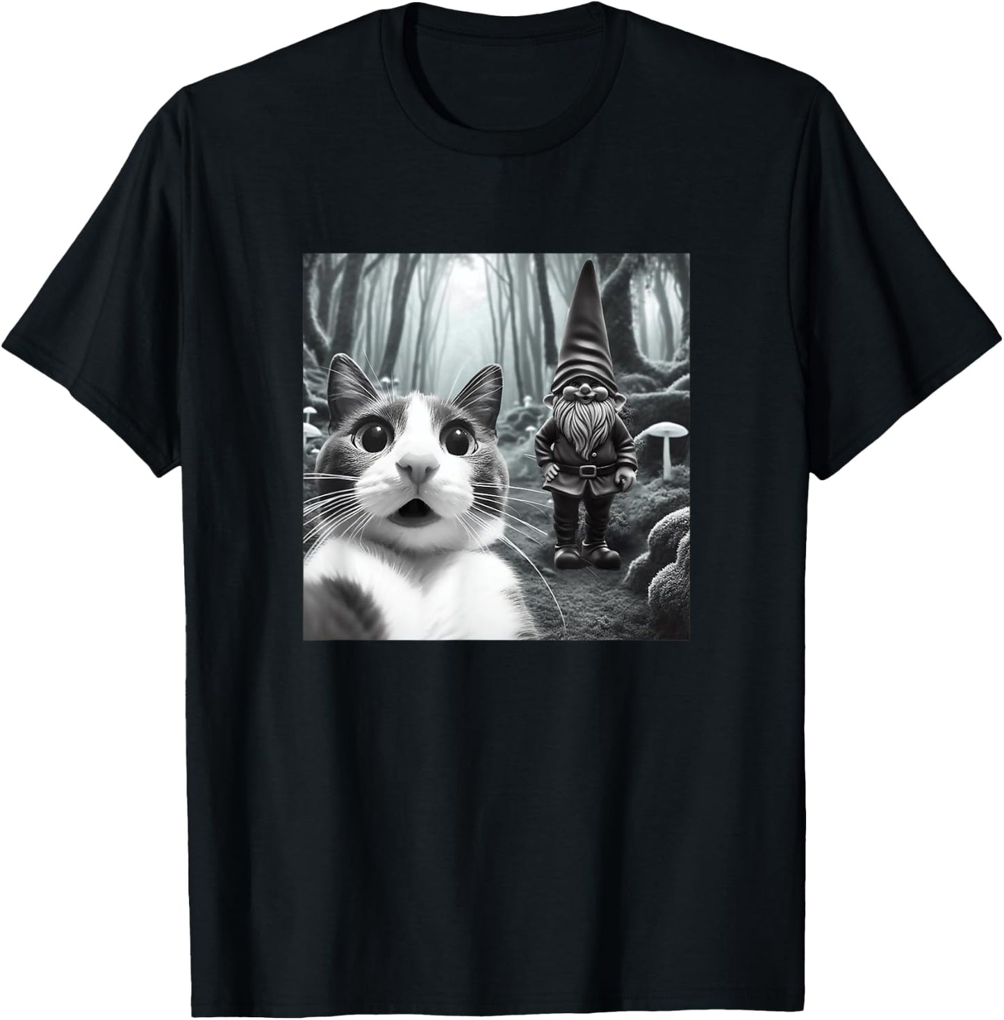Funny Cat Selfie with Gnome Halloween Fall Christmas Women T-Shirt - T-Shirt | Black