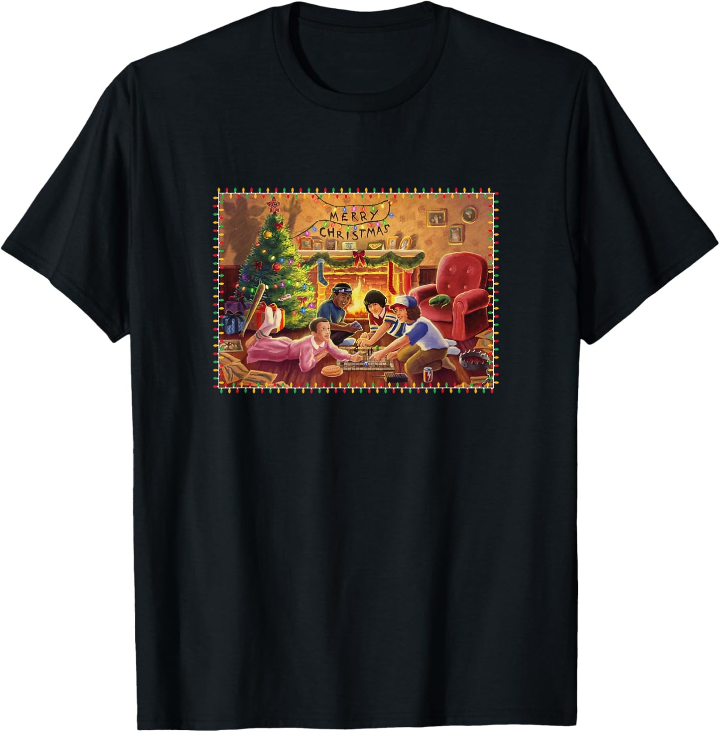 Stranger Things Merry Christmas Cozy Living Room Big Poster T-Shirt - T-Shirt | Black