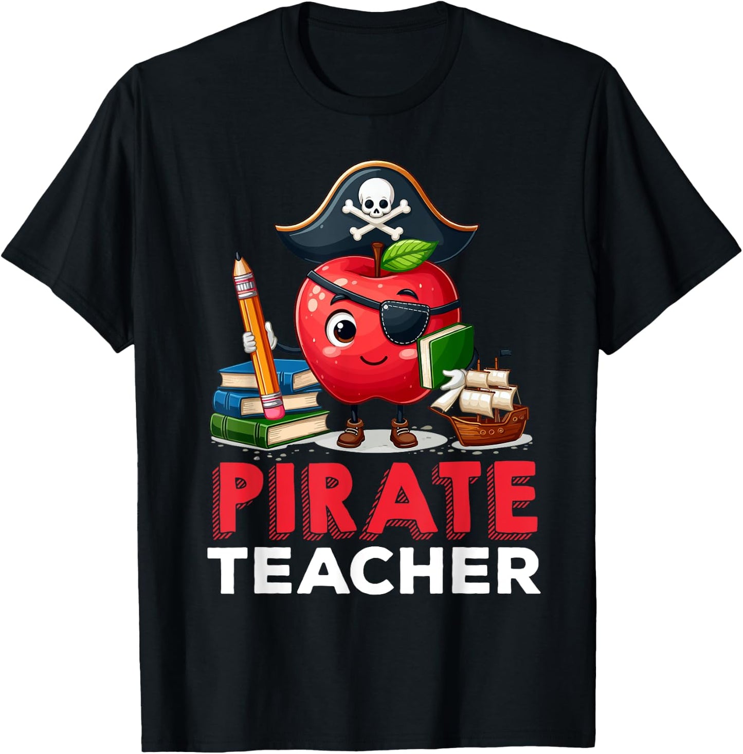 Preschool Prek Teaching Funny Pirate Teacher Apple Teacher Men Women T-Shirt - T-Shirt | Black