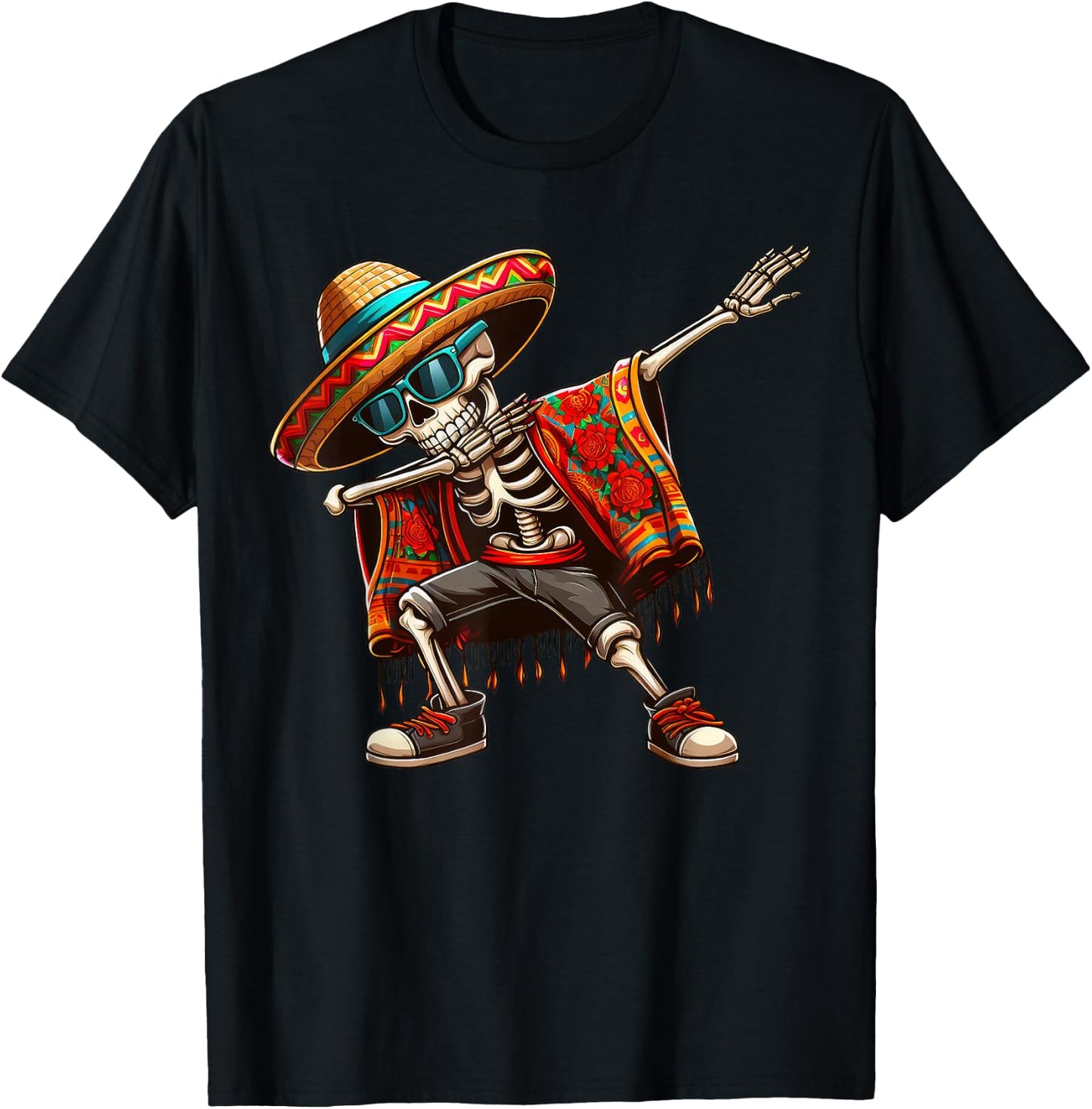 Dabbing Skeleton Sombrero Poncho Cinco De Mayo Mexican Funny T-Shirt - T-Shirt | Black
