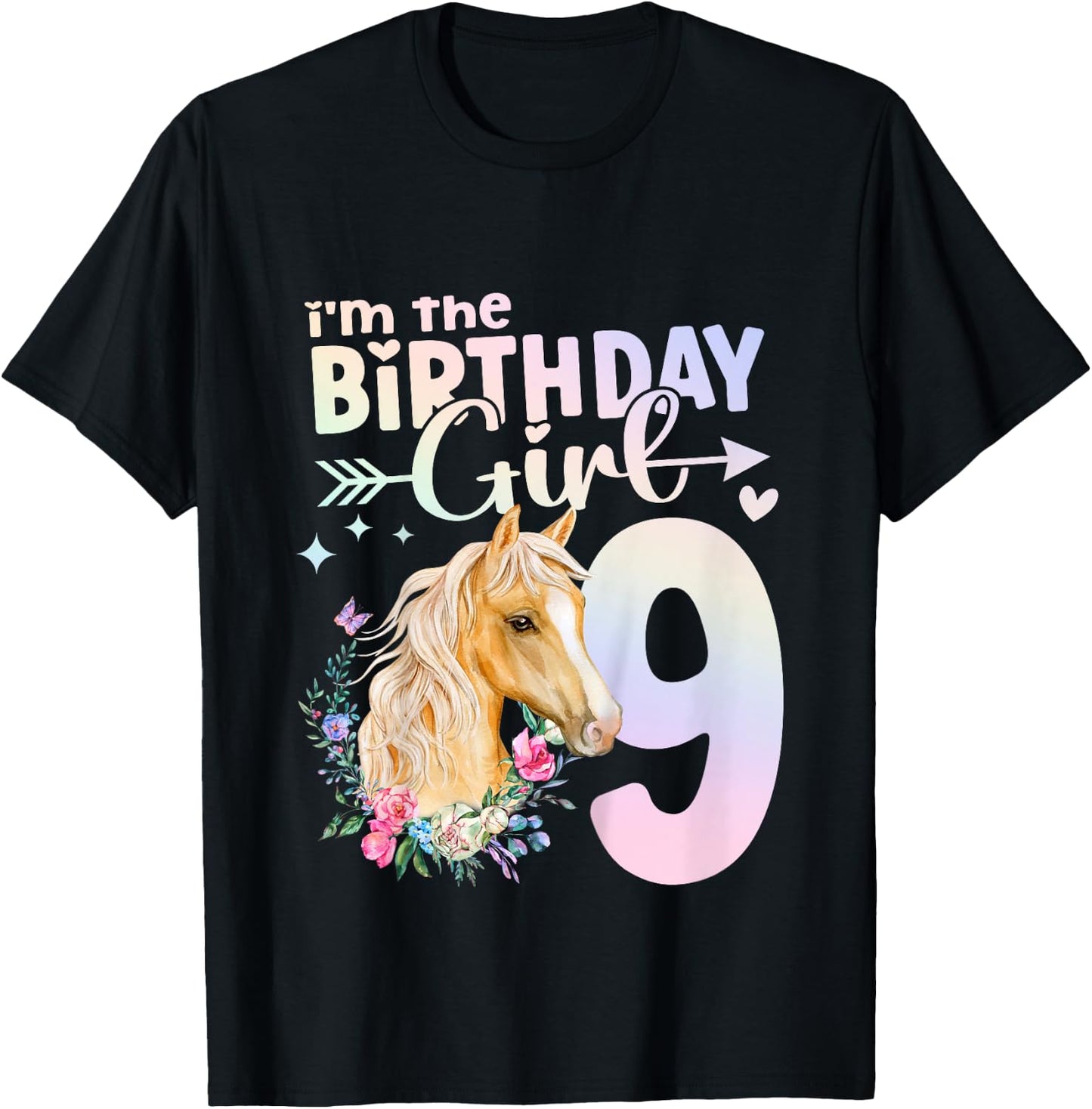 9th Birthday Horse Girl 9 Years Old Nine 9 Birthday Girl T-Shirt - T-Shirt | Black