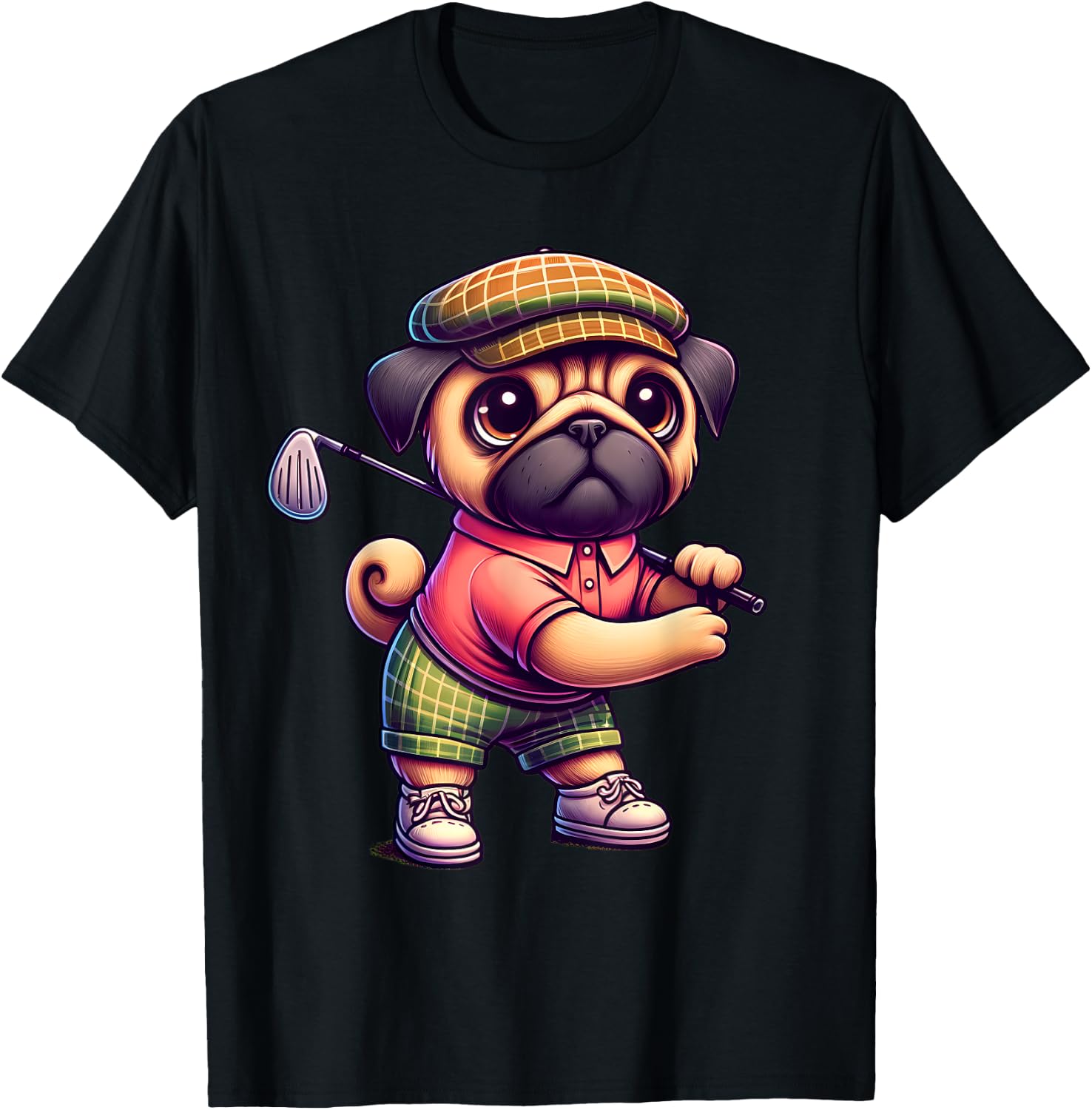 Cute Pug Playing Golf Golfer Golfing Sport Men Women Kids T-Shirt - T-Shirt | Black