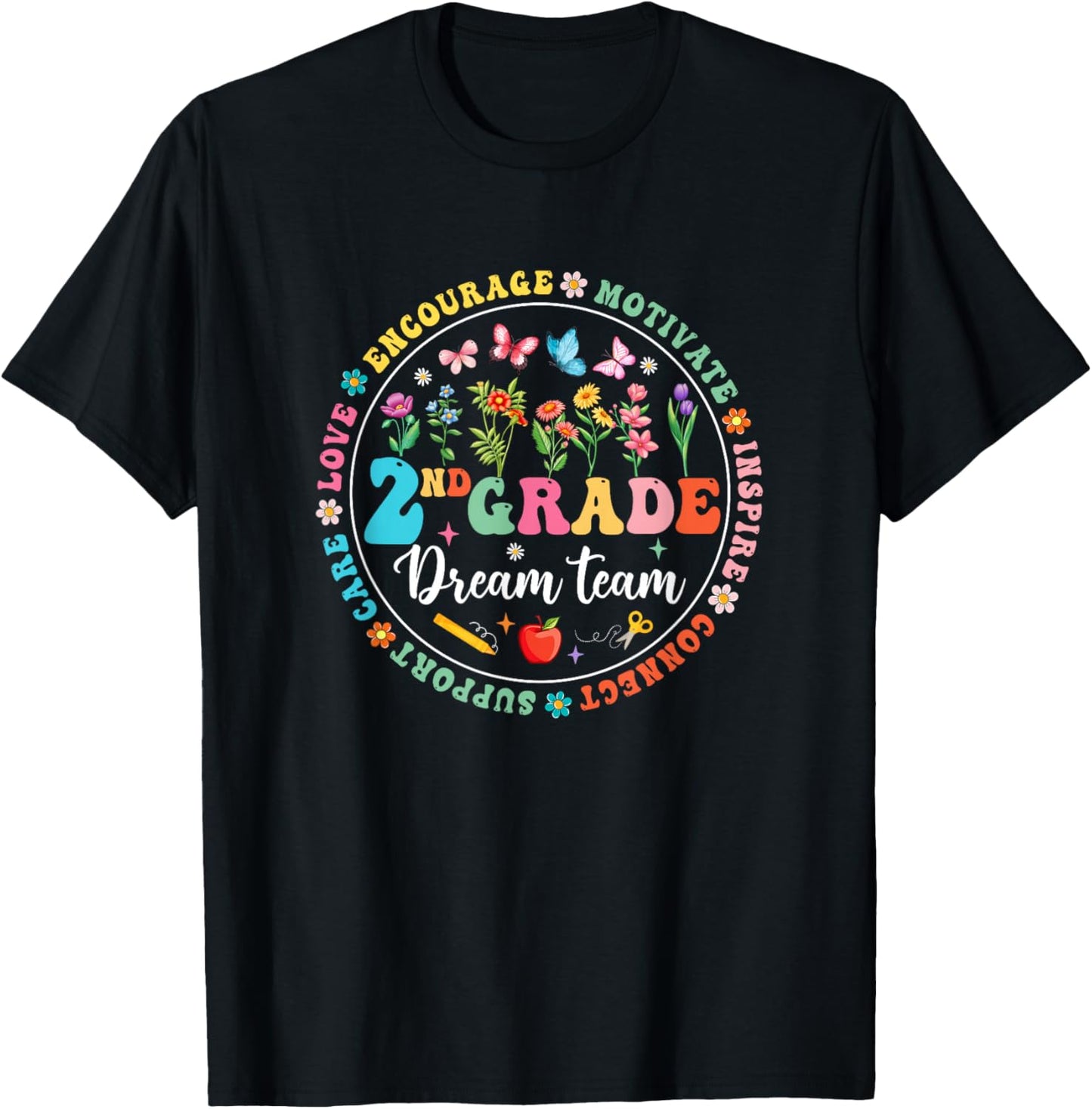 Second Grade Dream Team Back To School Teacher Flower T-Shirt - T-Shirt | Black